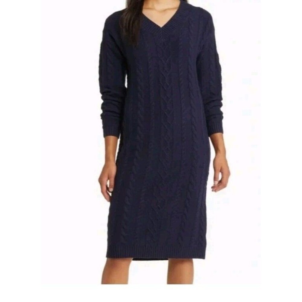 Caslon Women's Long Navy Blue Ribbed V-Neck Cardigan Midi Sweater Dress Size M